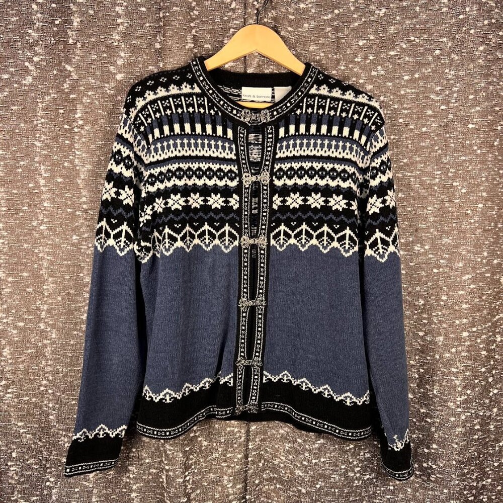Croft & Barrows Navy White Winter Wonderland Long‎ Sleeve Unique Closure Sweater